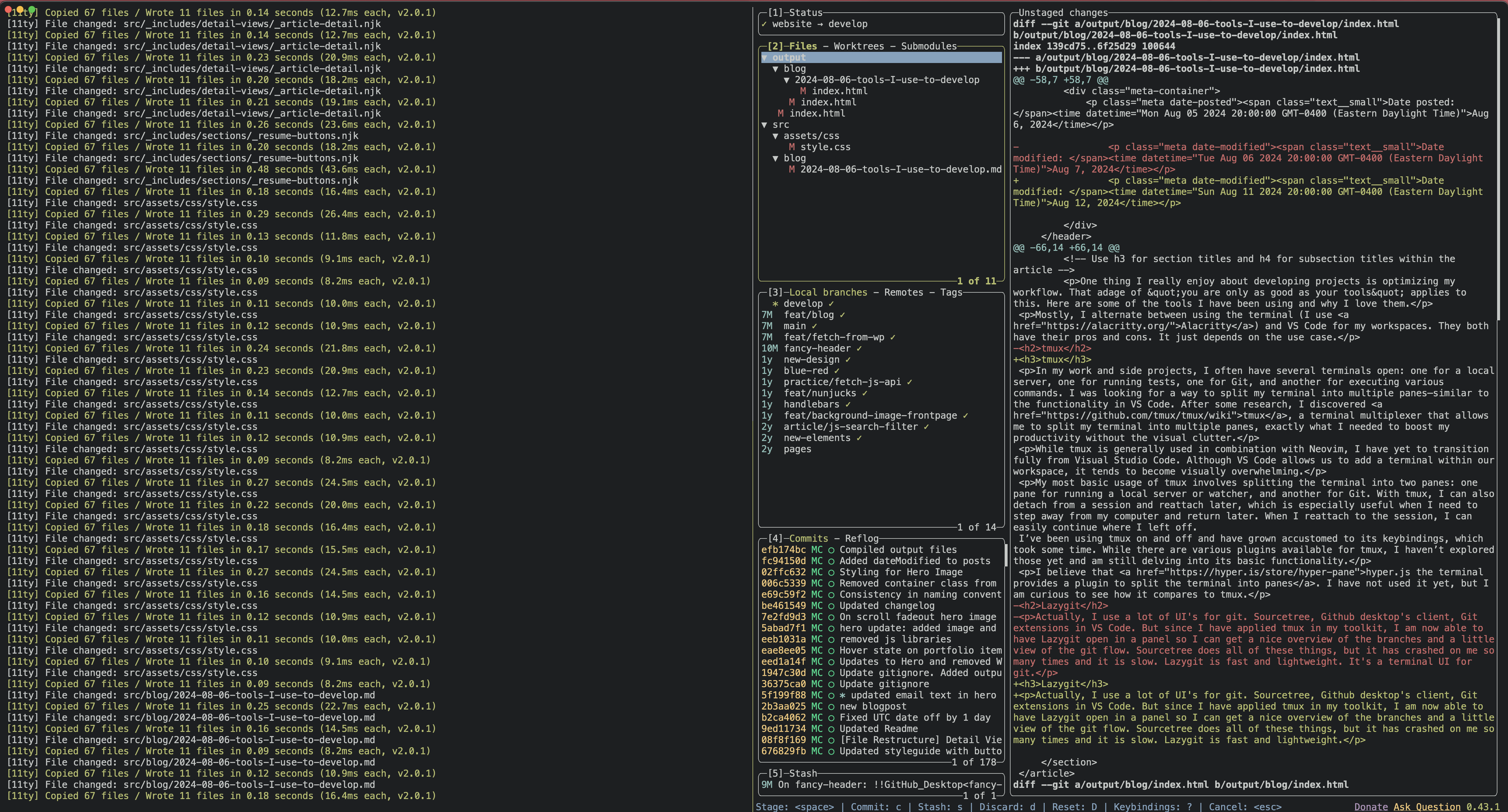 A screenshot of two terminal panes in tmux